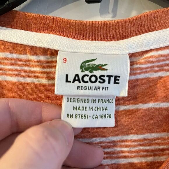 Lacoste Men's Striped V-Neck T-Shirt Orange Size 9 Soft & Comfortable - Picture 3 of 6
